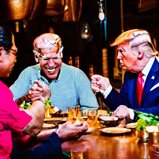 Image similar to Trump and Biden having dinner at a fancy Balinese restaurant, award winning photography, 85mm, perfect faces