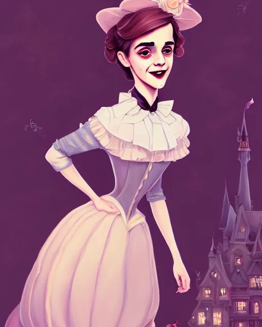 Image similar to beautiful full body Emma Watson goofy smiling dressed in victorian style fashion, photographic castle gardens background illustration by lois van baarle and loish and ross tran and rossdraws and sam yang and samdoesarts and artgerm, digital art, highly detailed, intricate, sharp focus, Trending on Artstation HQ, deviantart