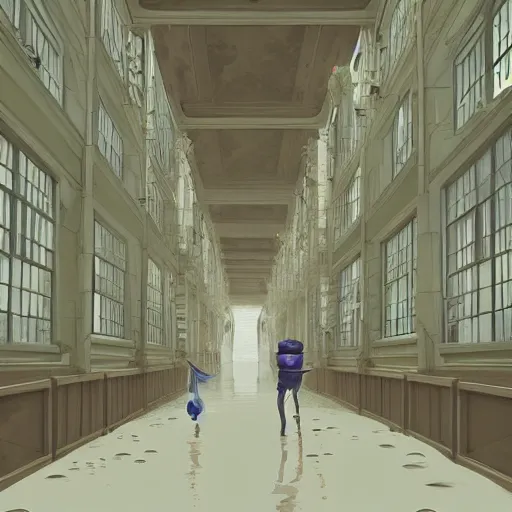 Image similar to a flood of slime in a bright white hallway with many doors and many stairs, Mc Escher architecture, epic composition, by Makoto Shinkai