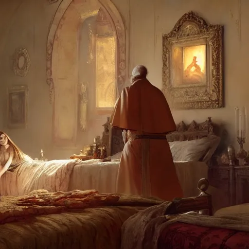 Image similar to the catholic pope in his bed, scared, because a horned demon is attacking the pope. highly detailed painting by gaston bussiere, greg rutkowski, craig mullins 8 k