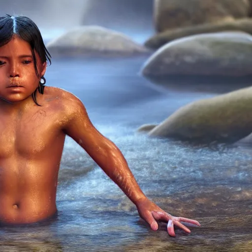 Image similar to hyperrealistic film full body still of young native american bathing in river, inspired by istvan sandorfi & greg rutkowski & unreal engine, perfect facial symmetry, dim volumetric cinematic lighting, 8 k octane comprehensive render, extremely hyper - detailed, incredibly lifelike attributes, intricate, real flesh texture, masterpiece, artstation, stunning,