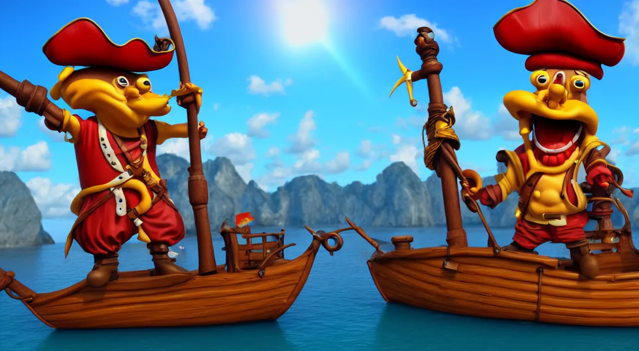 Image similar to a cartoonish pirate on a boat ready to conquer the island, highly detailed, photorealistic portrait, bright studio setting, studio lighting, crisp quality and light reflections, unreal engine 5 quality render