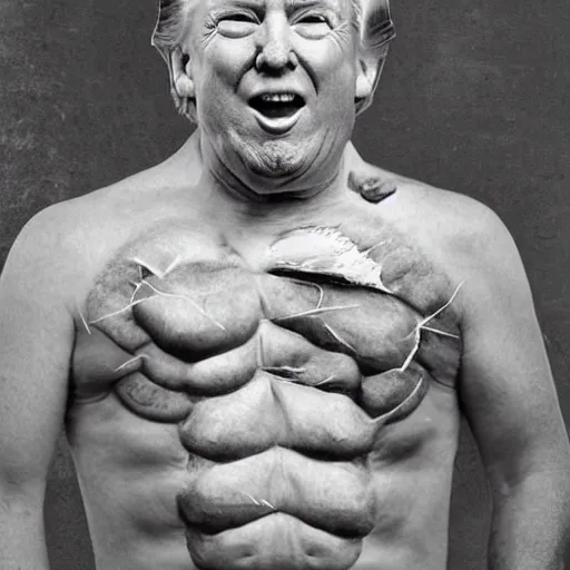 Prompt: donald trump opens his chest to let his viscera float in the void in the style of joel peter witkin