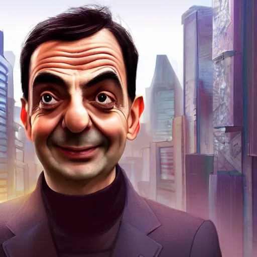 Image similar to mr bean, head and shoulder shot, cyberpunk city, city background, 4k, beautiful face, smiling, hyperdetailed, trending on artstation, digital art