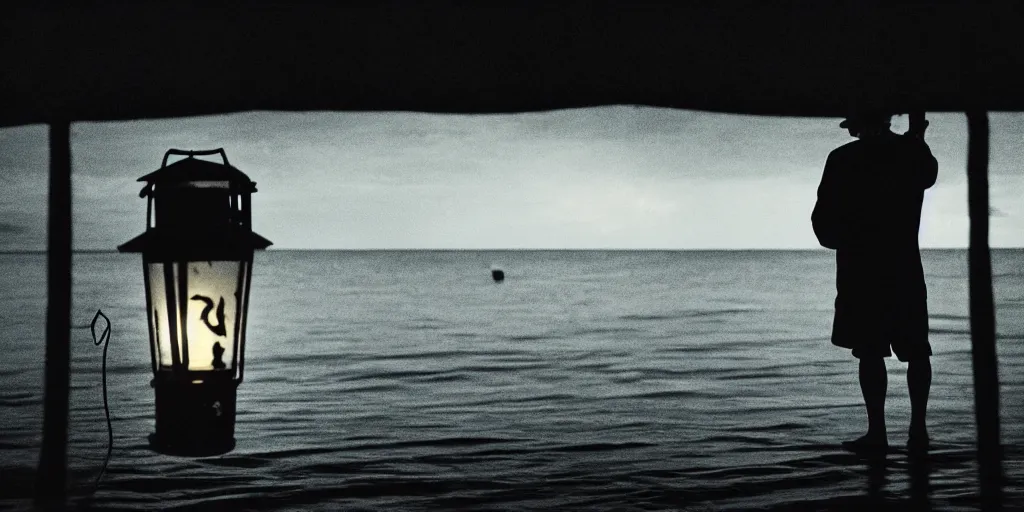 Image similar to film still of closeup old man holding up lantern by his beach hut at night. pirate ship in the ocean by emmanuel lubezki