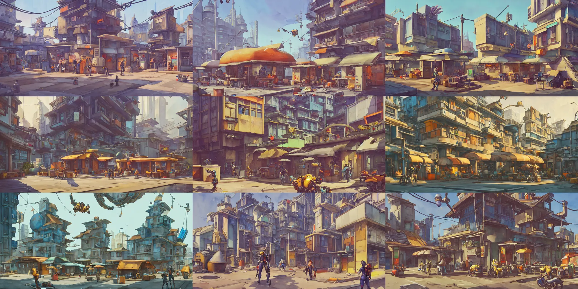 Prompt: overwatch building, stylized, exterior, architecture, in watercolor gouache detailed paintings, insanely detail, artstation, 8 k, futuristic, big medium small, arcane, simon stalenhag, food stall, interesting shapes & form, golden ratio, hard surface, props, lots of decoration and furniture, slums, street