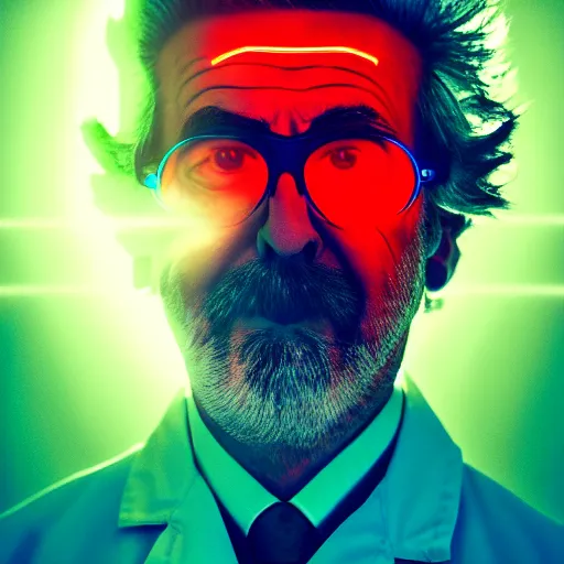 Image similar to portrait of rick sanchez, lab coat and tee shirt, lens flare, atmosphere, glow, detailed, intricate, full of colour, cinematic lighting, 4 k, hyperrealistic, focused, extreme details, cinematic, masterpiece