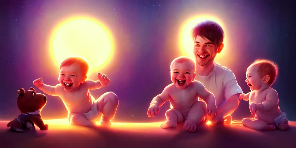 Image similar to epic professional digital art of a happy baby boy with his two fathers, best on artstation, cgsociety, wlop, cosmic, epic, stunning, gorgeous, much detail, much wow, masterpiece, backlight