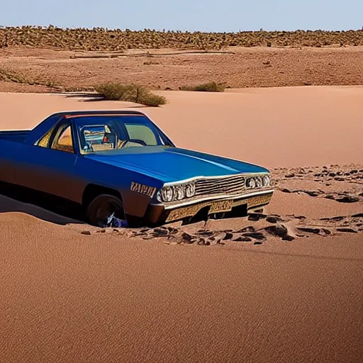 Image similar to a chevy el camino, stuck in sand, in the desert, dunes