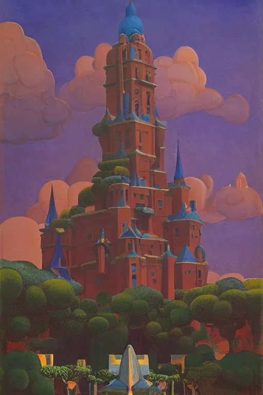 Image similar to view of the mysterious blue tower in its gardens after a storm, tall windows lit up, beautiful ornament, dramatic cinematic lighting, rich colors, by Nicholas Roerich and Ludwig Deutsch and April Gornik and Sylvain Sarrailh