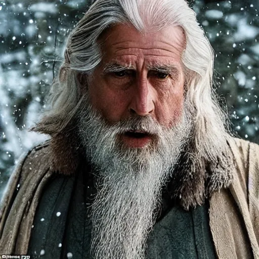 Prompt: shorter in stature than the other two ; but his long white hair, his sweeping silver beard, and his broad shoulders, made him look like some wise king of ancient legend. in his aged face under great snowy brows his eyes were set like coals that could suddenly burst into fire