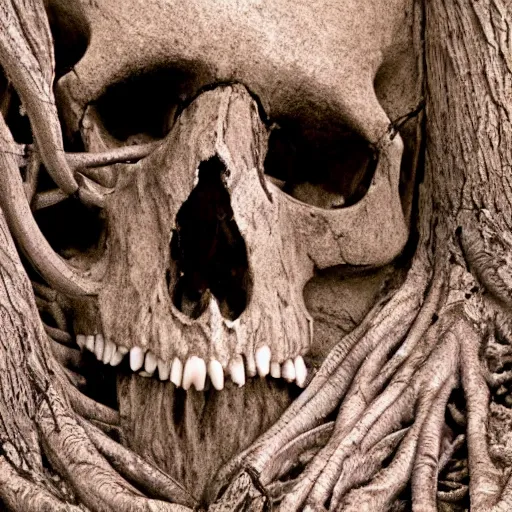 Prompt: a human skull with long, dark tree roots growing from the teeth outstretched like tentacles