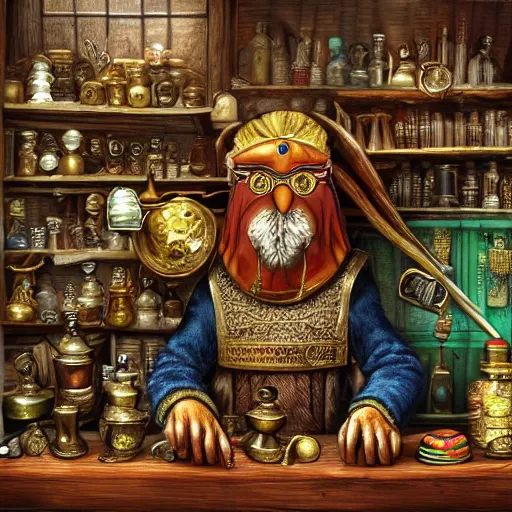 Prompt: Anthropomorphized parrot trader in his shop, selling his wares, portrait, items, gold, magic potions, carpet, window, sly expression , cunning expression, cute expression, cute eyes, presenting wares, holding a gold bag, D&D, fantasy, cinematic lighting, highly detailed, digital painting, artstation, concept art, smooth, sharp focus, illustration, warm light, cozy warm tint, magic the gathering artwork, volumetric lighting, 8k, art by Akihiko Yoshida, Greg Rutkowski