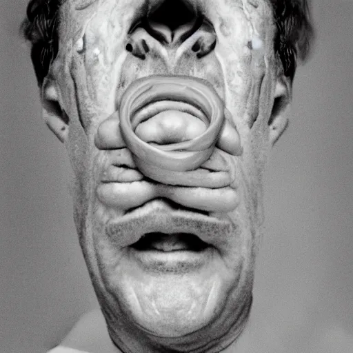 Prompt: realistic award winning photograph of middle aged man with worms coming out of his nose as shot by richard avedon