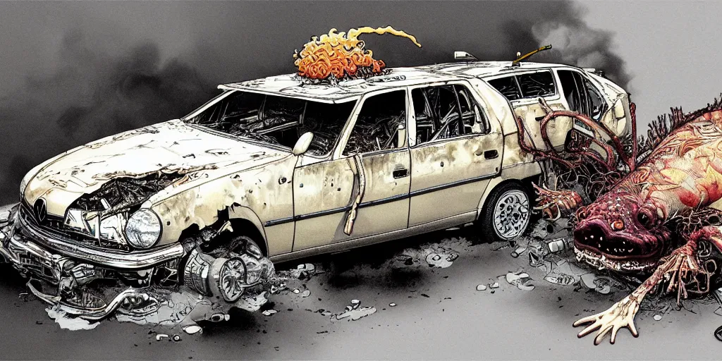 Image similar to a big woman axolotl in burning wrecked mercedes 1 2 4, ultrafine hyperdetailed illustration by kim jung gi