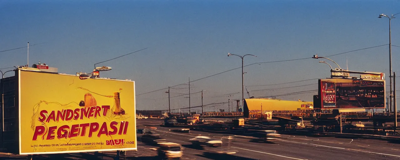 Prompt: spaghetti billboard advertisement, highway, sunset, canon 2 0 mm, kodachrome, in the style of wes anderson