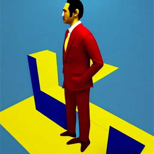 Image similar to ultra realistic portrait ofa man in suit in a studio, ultra detailed, under blue, red and yellow cinematic lighting, salvador dali, cartoon, monument valley, escher