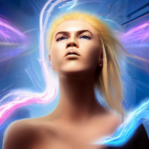 Prompt: beautiful, determined cyberpunk blonde young woman, controlling wisps of steam with her hands, in front of the Strait of Gibraltar, very detailed, realistic, symmetrical face, art by digital painting,