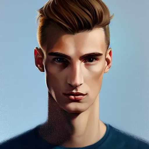 Image similar to tall man in his twenties with brown blond short quiff hair and thin slightly round facial structure with cleft chin, straight eyebrows and prominent nose, good definition of cheekbones, big hazel nut brown eyes, narrow face, slim body, atmospheric lighting, painted, intricate, 4 k, highly detailed by charlie bowater