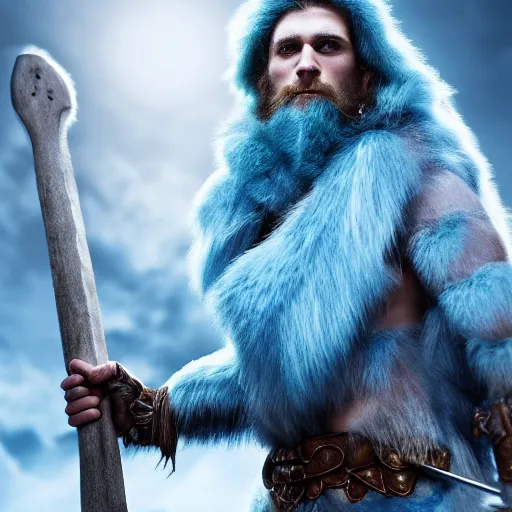 Image similar to a dnd barbarian half frost giant with pale blue skin wearing a fur coat, shoulder armor and holding an axe, high resolution film still, 4k, HDR color