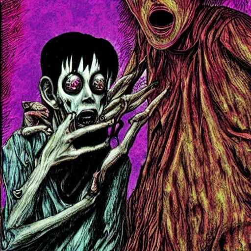 Prompt: disfigure horrors, dark art by Junji Ito, cursed photograph, real, deep acid colors