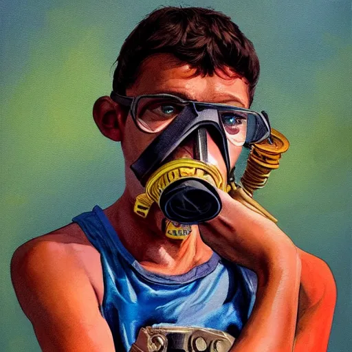 Prompt: detailed details art concept a 1 5 year old teenager, wears a singlet shirt, shorts and fanny packs and sometimes wears a gas mask, handling ak 4 8 in the style of bob peak and alex ross, gouache and wash paints color, detailed details facial and body and human and environments and proportionate, detailed 5 k details.