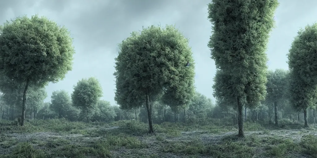 Prompt: photorealistic 3D art of dystopian landscape with fluffy trees, 4k, extremely detailed, ultra realistic, by Annibale Siconolfi, Maxon Cinema 4D, Otoy Octane, Adobe Photoshop, Adobe After Effects, complex 3D scene