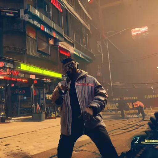 Image similar to 2 1 savage rapping on a stage in front of a crowd in cyberpunk 2 0 7 7, gameplay screenshot, detailed