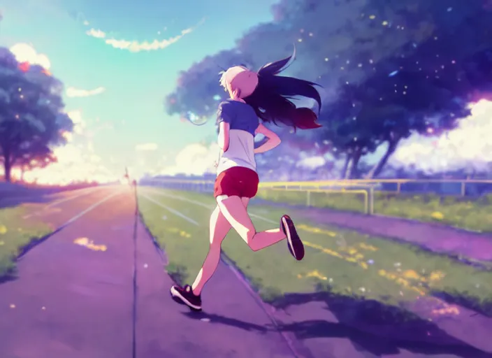 Image similar to cute runner girl, smoky sunny sky background stadium landscape illustration concept art anime key visual trending pixiv fanbox by wlop and greg rutkowski and makoto shinkai and studio ghibli and kyoto animation sports clothing marathon running shoes