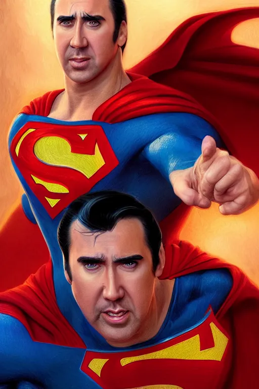 Image similar to Portrait of Nicolas Cage as superman cinematic lighting, intricate, elegant, highly detailed, digital painting, artstation, painted by Artgerm and Mark Waid and Greg Rutkowski and Mandy Jurgens