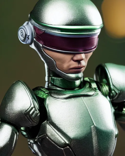 Prompt: portrait of a figurine of cyborg from the sci - fi nintendo videogame metroid. glossy. silver round helmet, silver shoulder pads, green visor. shallow depth of field. suit of armor.