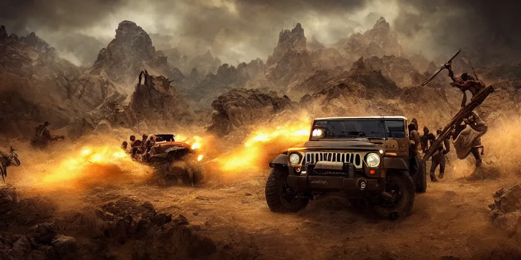 Image similar to Mahindra thar, tribe members attacking, action scene, an epic fantasy, dramatic lighting, cinematic, establishing shot, extremely high detail, photorealistic, cinematic lighting, artstation, by christopher nolan, shadow of the tomb rider