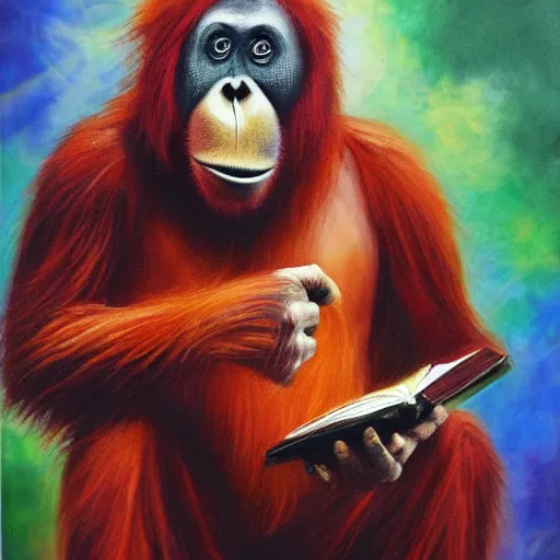 Prompt: orangutan wizard casting a spell and holding a spellbook, oil painting, magic