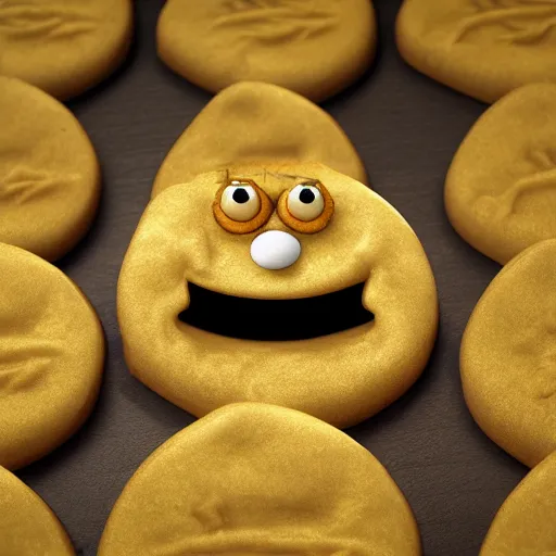 Image similar to luckys calls crypto logo golden cookie with big eyes, licking itself, big tongue, funny character from pixar, detailed 3d render, rim light