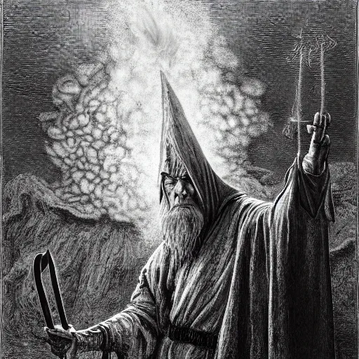 Image similar to the evil ian mckellen smithing on an anvil as gandalf in a dark viking hood playing odin all father crafting a neural network with golden synapses on an anvil with fire, highly detailed, cinematic shot, cinematic lighting, 8 k, exquisit facial detail, colored painting by gustave dore.