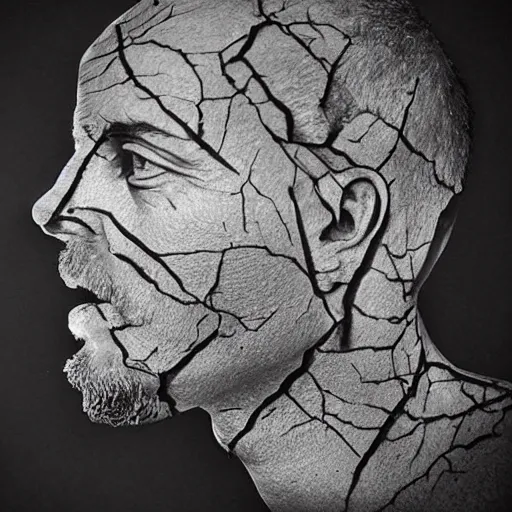 Image similar to double - exposure effect of davids statue face with cracks, in the style of dan mountford, amazing detail, black and white, tattoo sketch