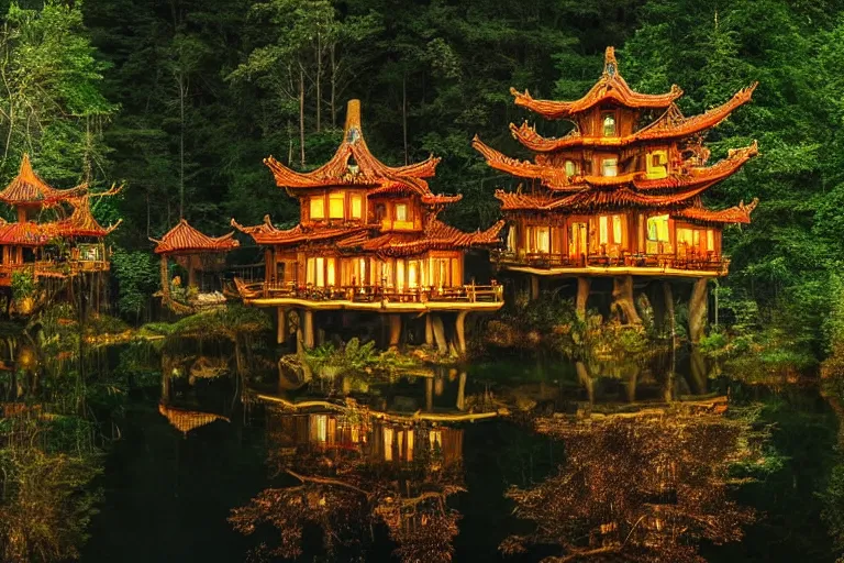 Prompt: treehouses from gaudi in a deep mystical forest, floating chinese lampoons, lake, waterfall, dynamic lighting, blockhaus architecture, night mood