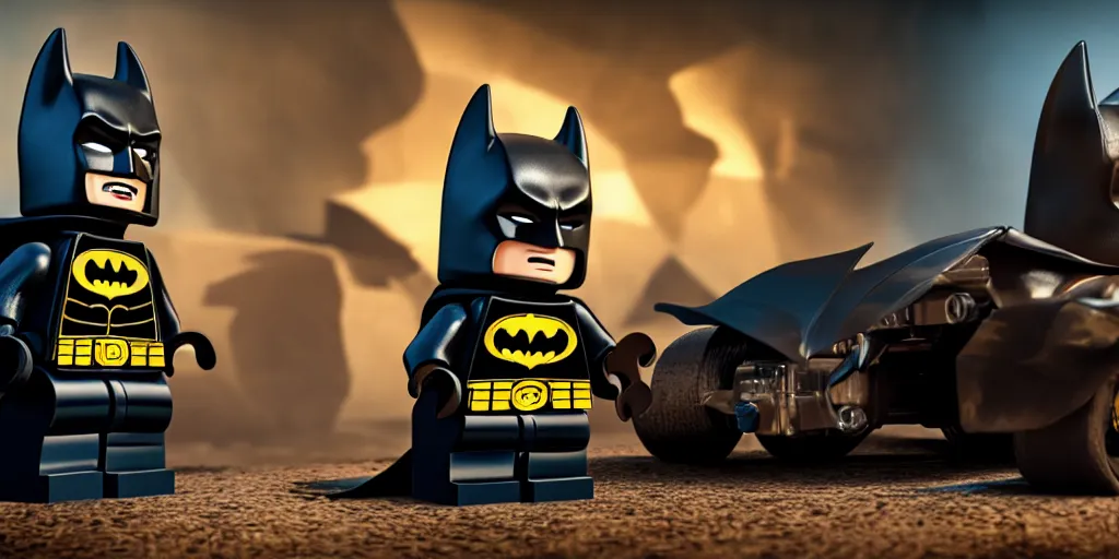 Prompt: lego batman posable figure, and batmobile. moody lighting. cinematic. 4 k. studio render.