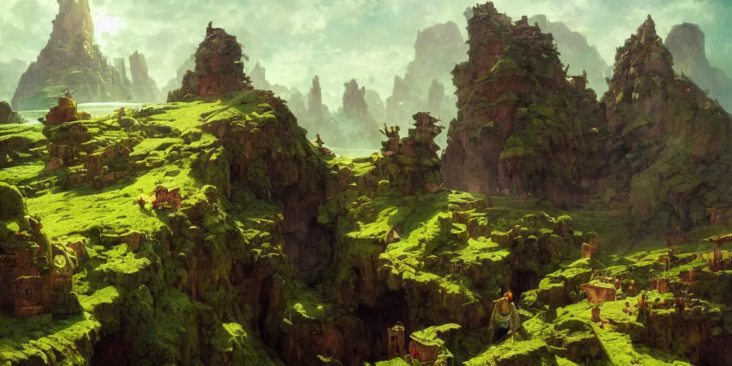 Image similar to towns, villages castles, buildings bytopia planescape huge cave ceiling clouds made of green earth inverted upsidedown mountain artstation illustration sharp focus sunlit vista painted by ruan jia raymond swanland lawrence alma tadema zdzislaw beksinski norman rockwell tom lovell alex malveda greg staples