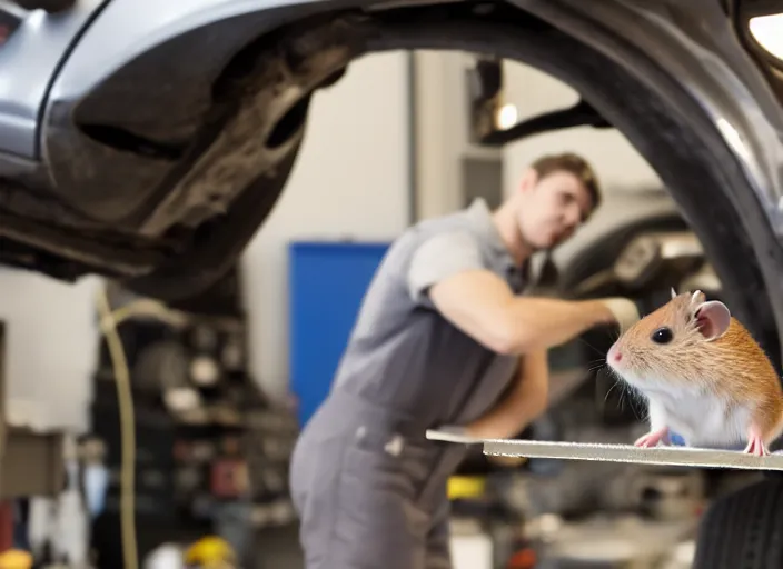 Prompt: film still of a hamster working as a mechanic in an auto shop, 8 k