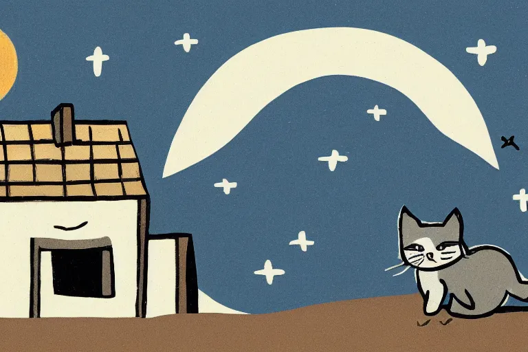 Image similar to detailed illustration of a white cat with a black spot on her trunk playing guitar, an old house with a window over a hill, blue sky, a big star falling