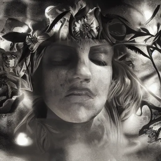 Image similar to a beautiful detailed front view portrait of a rotten woman corpse with fractal plants and fractal flowers growing around, volumetric light, beautiful lit, polaroid photography