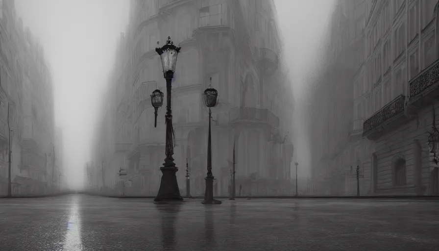 Image similar to empty neo - gothic paris streets in the fog, wet ground, hyperdetailed, artstation, cgsociety, 8 k