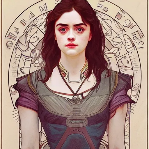 Prompt: portrait of a combination of Alexandra Daddario, Maisie Williams, Krysten Ritter, Anne Hathaway and Natalia Dwyer Christina Ricci and Lily Collins by Alphonse Mucha, trending on artstation