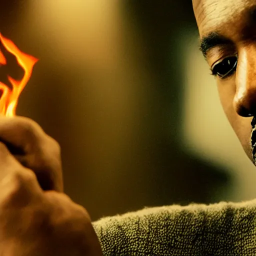 Image similar to cinematic film still of Kanye West starring as a Japanese Sensei with fire, Japanese CGI, VFX, 2003, 40mm lens, shallow depth of field, film photography