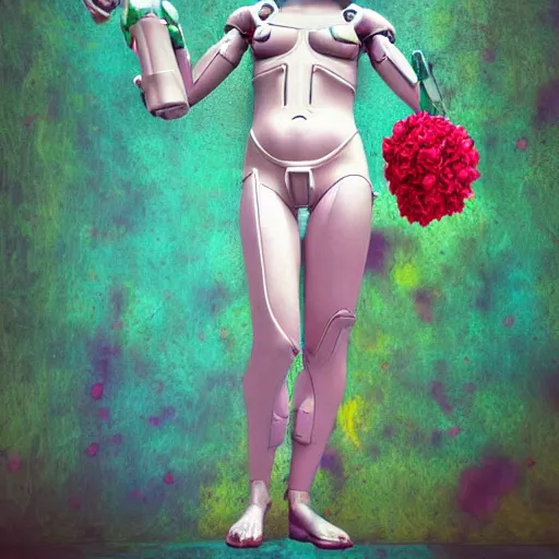 Prompt: minimalist elaborate photorealistic cyborg holding a huge interesting flower. in the style of Michelangelo, and Paul Gauguin, with cyberpunk liberty and flemish baroque mixed media details. vibrant vivid 3d textures in natural pastel tones. HD 8x