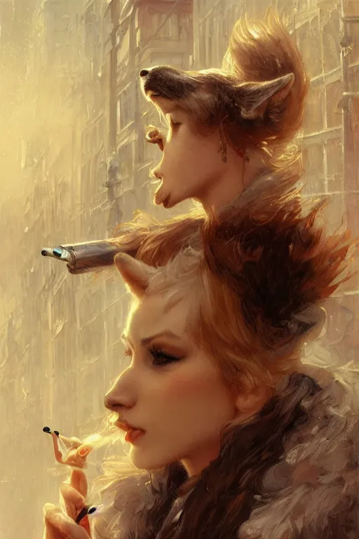 Prompt: beautiful portrait of an attractive white female anthro wolf smoking a cigarette in a bustling crowd of a rainy city street, steampunk, female fursona, 4 k, trending on artstation, by gaston bussiere, craig mullins, artgerm, greg rutkowski, alphonse mucha