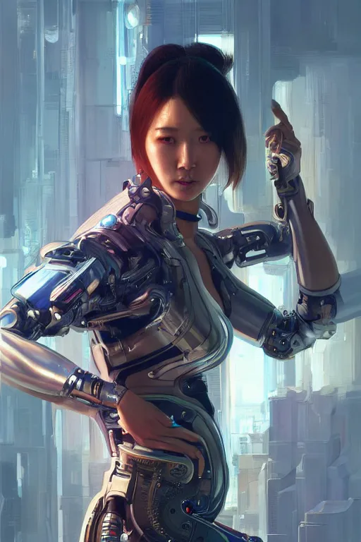 Image similar to Photorealistic illustration, Korean cyborg woman, cyberpunk 2077, sci-fi, futuristic, intricate, elegant, highly detailed, digital painting, artstation, concept art, smooth, sharp focus, art by artgerm, greg rutkowski and alphonse mucha