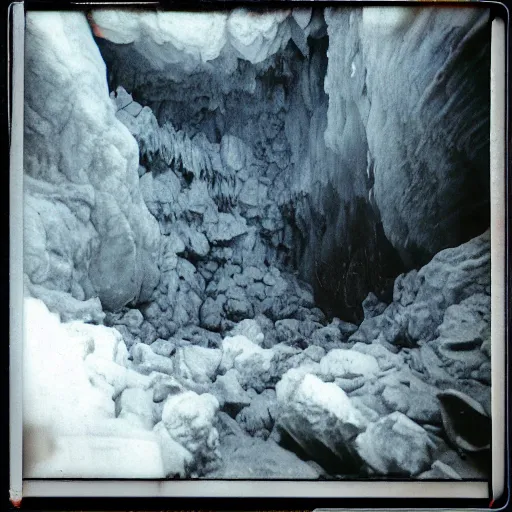 Image similar to a dark and narrow glacier cave, deep, dark, creepy, eerie, unsettling, terrifying, old polaroid, expired film, deep,