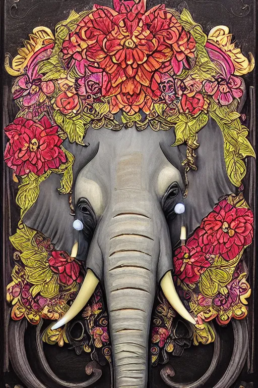 Prompt: Painted dark-wood panel relief carving of a close up of a Flowerpunk Matriarch Elephant, ornate border frame, explosion of colorful flowers, dark wood, intricately carved, black ink, festival of rich colors, intricate details, cinematic lighting, volumetric lighting, post-processing, art nouveau, by andreas rocha and john howe, and Martin Johnson Heade, featured on artstation, featured on behance, golden ratio, hyper detailed, photorealistic, epic composition, center spotlight, f32, well composed, symmetrical, UE5, 8k